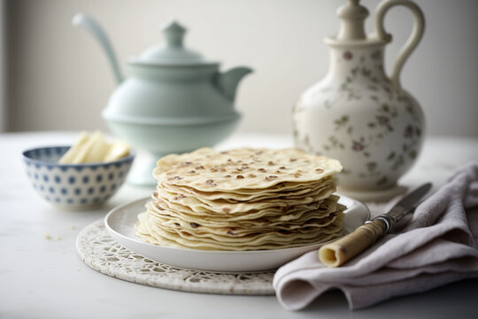 Traditional Norwegian Lefse pancakes on a white table.