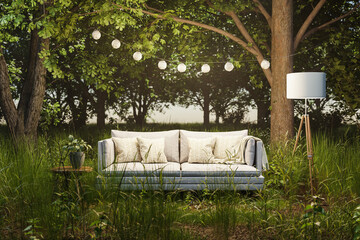 lonely living room couch in large jungle environment; immersion entertainment movie concept; 3D illustration