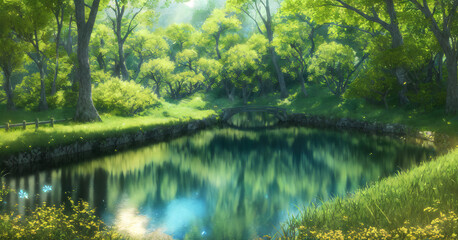 Fototapeta premium river in the forest (fantastic atmosphere, masterpiece, best quality, full details, high quality, extremely detailed CG unity 8k wallpaper, scenery, outdoors, no humans, best view)