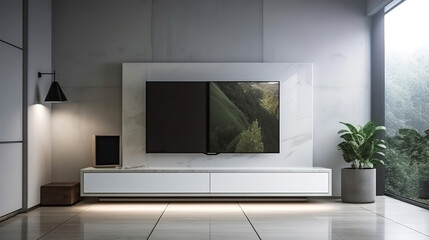 Naklejka na ściany i meble Realistic interior of living room with gray couch and tv screenplay. Generative Ai