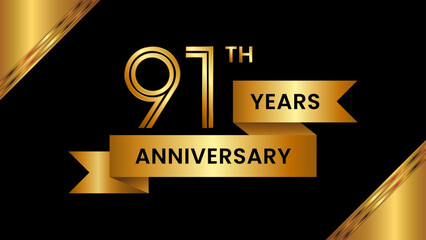 91th Anniversary. Anniversary template design with number and golden ribbon. Logo Vector Template