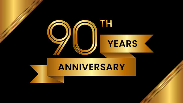 90th Anniversary. Anniversary template design with number and golden ribbon. Logo Vector Template