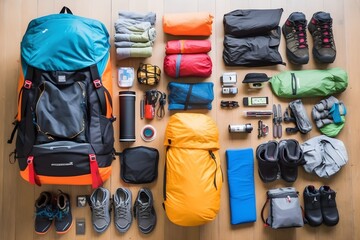 Knolling layout of backpack travel packing list for summer, colorful clothes and equipment distributed on the ground, knolling layout, birds eye perspective, wood floor, Generative AI - obrazy, fototapety, plakaty