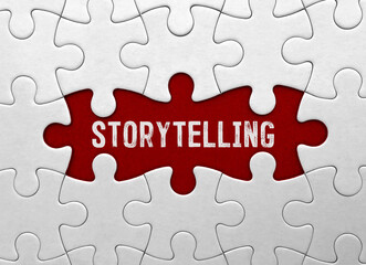 Word Storytelling on red puzzle background