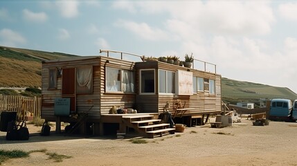 Fototapeta na wymiar Tiny houses made out of used shipping containers with wooden external cladding, glamping, glamorous camping, AI generative