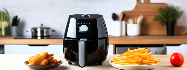 deep fryer on a wooden table in a modern kitchen with fried french fries and tomatoes on plates. Generative AI,