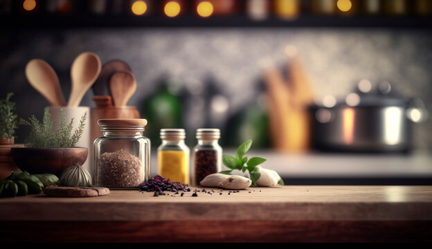 kitchen counter with cooking ingredients and herbs kitchen soft focus copy space. Generative AI,