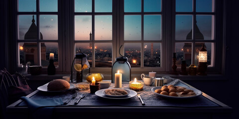 Table setting for iftar in Ramadan with food table near the window, from the window you can see the mosque and the young moon. Generative AI,