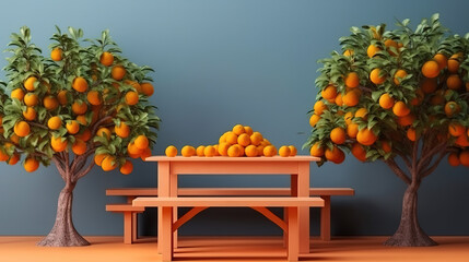 Empty wood table with orange trees. Generative Ai
