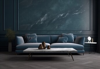 A modern living room with a coffee table and sofa, in the style of dark azure, marble. Generative AI.