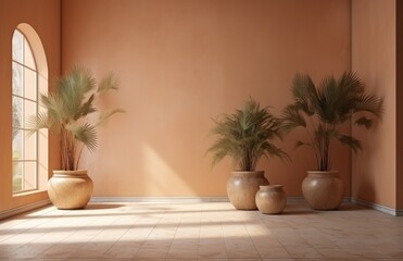 Fototapeta na wymiar An empty room with palm pots and terracotta wall, in the style of light beige. Generative AI.