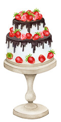 Cake on a stand decorated with  chocolate and strawberries. Watercolor holiday clipart for design of greeting cards, invitations, menus, logos, fabric prints. Wedding, birthday, anniversary design.
