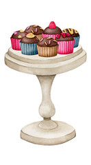 Chocolate cakes on a stand. Watercolor holiday clipart for greeting cards, invitations, menus, logos, fabric prints. Wedding, birthday, anniversary design.
