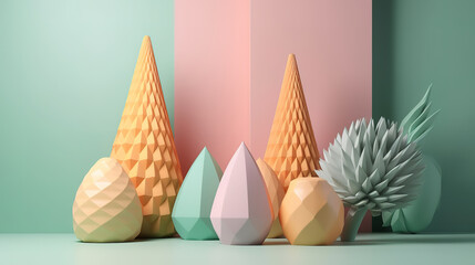3d render, abstract background, cones, primitive geometric shapes. Generative Ai