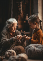 Grandmother and Grandaughter Kintting Together-Passing on Skills-Generative AI