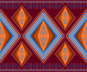 Ethnic folk geometric seamless pattern in red, orange and cyan tone in vector illustration design for fabric, mat, carpet, scarf, wrapping paper, tile and more