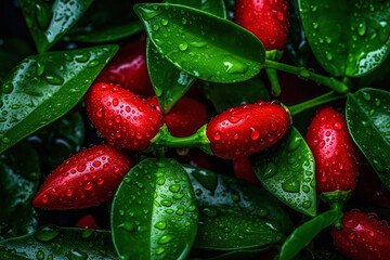 Seamless background rite small red hot peppers with green leaves visible water drops