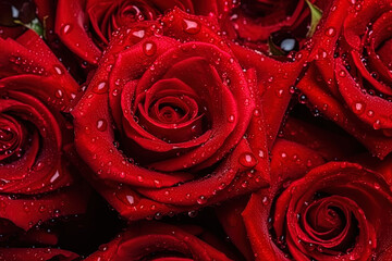 Seamless background small red roses with green leaves visible water drops