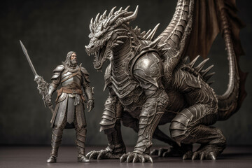 Fototapeta na wymiar Man stands in front of huge dragon, fantasy world. Generative AI