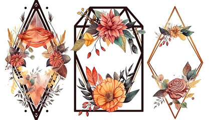 Vintage blank geometric frame decorated with flowers. Generative Ai