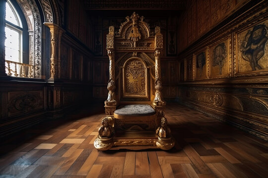 Empty royal throne in dark castle hall. Fantasy medieval throne for king. Created with Generative AI
