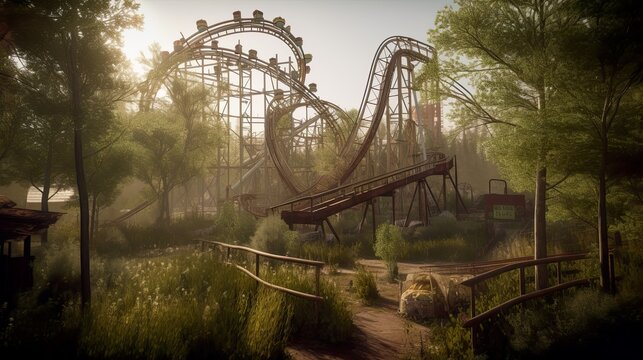 Abandoned amusement park with attractions overgrown with trees, AI generative eerie, derelict urgan landscape