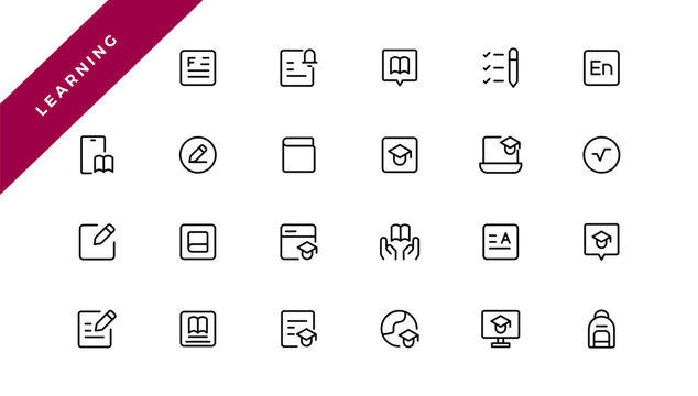Education and Learning web icons in line style. School, university, textbook, learning