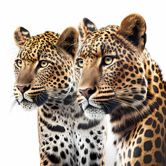 Obraz premium two leopards in front of white background, AI generated