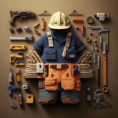 Uniform of a construction site worker and the tools used by them knolled on the table. Architecture concept art created with Generative AI Technology.