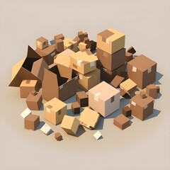 3D render of a pile of many big and small cardboard boxes on a white seamless background. Environment and green earth concept art created with Generative AI Technology.
