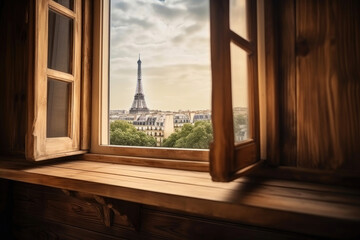 Empty Wooden windowsill in Paris at summer with Eifel Tower being in the background. Generative AI