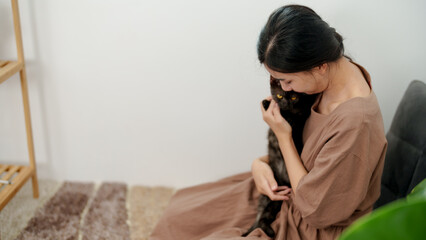Young woman playing with cat. Happy tabby cat  resting on the couch in home.