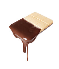 Hot chocolate dripping from crispy biscuits on a transparent background