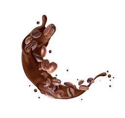 Coffee beans with chocolate splashes on a transparent background