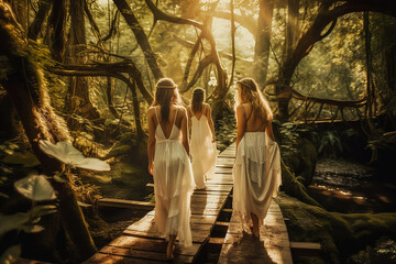 Obraz na płótnie Canvas Wedding in magical forest, bridesmaids walking on wooden path, beautiful play of light and shadow_