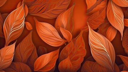 Monochromatic wallpaper with autumnal leaves. Orange background. Generative AI