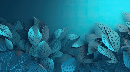 Monochromatic wallpaper with autumnal leaves. Blue background. Generative AI
