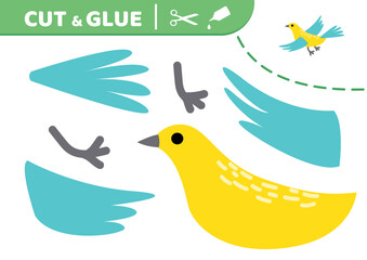 Blue yellow bird. Cut and glue. Flying bird. Applique. Paper game. Vector