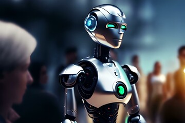 A humanoid robot standing among humans. Generative AI