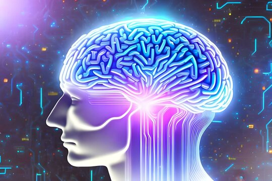 A person's brain with electrical impulses in neon blue. Generative AI