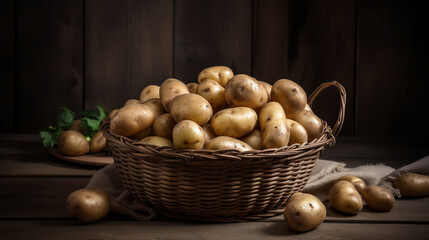 Handmade basket full of potatoes on a rustic wooden background. Generative AI.
