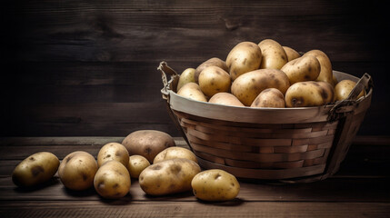 Handmade basket full of potatoes on a rustic wooden background. Generative AI.