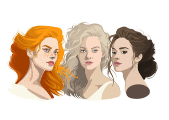 Group portrait of a three beautiful girls with various hair color and style - 588852796