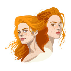 Group portrait of a two beautiful girls with freckles and red curly hair