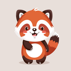 Cute cartoon animal with a big smile on its face. It is a raccoon. The raccoon is standing up and waving its paw