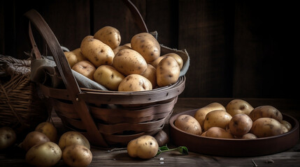 Handmade basket full of potatoes on a rustic wooden background. Generative AI.