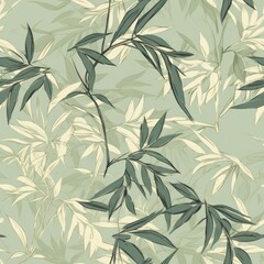 Bamboo Leaf On Pale Green Background. Infinite, Seamless Backgrounds. Generative AI