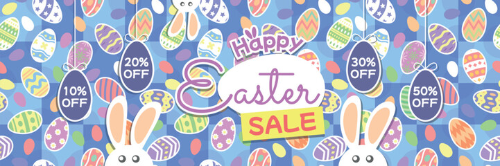 Happy Easter Sale Banner - Easter Eggs Hanging with Discounts 10%, 20%, 30% and 50% off