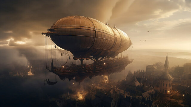 Large Epic Futuristic 19th Century Steam Punk Style Airship Flying Over a Fantasy City. AI digital illustration
