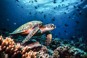 Fototapeta na wymiar Wasserschildkröte in einem Korallenriff with Generative KI